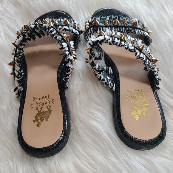 Camel Threads Blair Black White Studded Sandal 6 Fringe Slip On Slide Gold - Picture 3 of 3